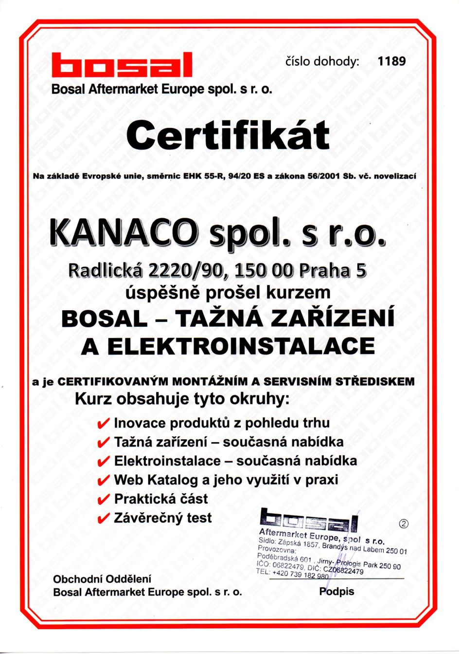Certifikát - Pověření Bosal - Kanaco