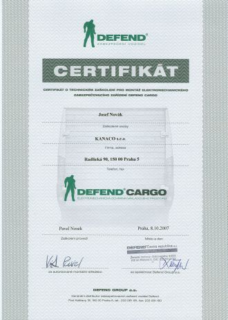 Certifikát Defend Cargo