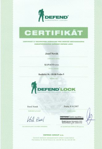 Certifikát Defend Lock