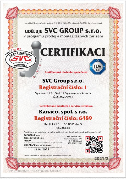 Certifikát - Pověření SVC Náchod - Kanaco