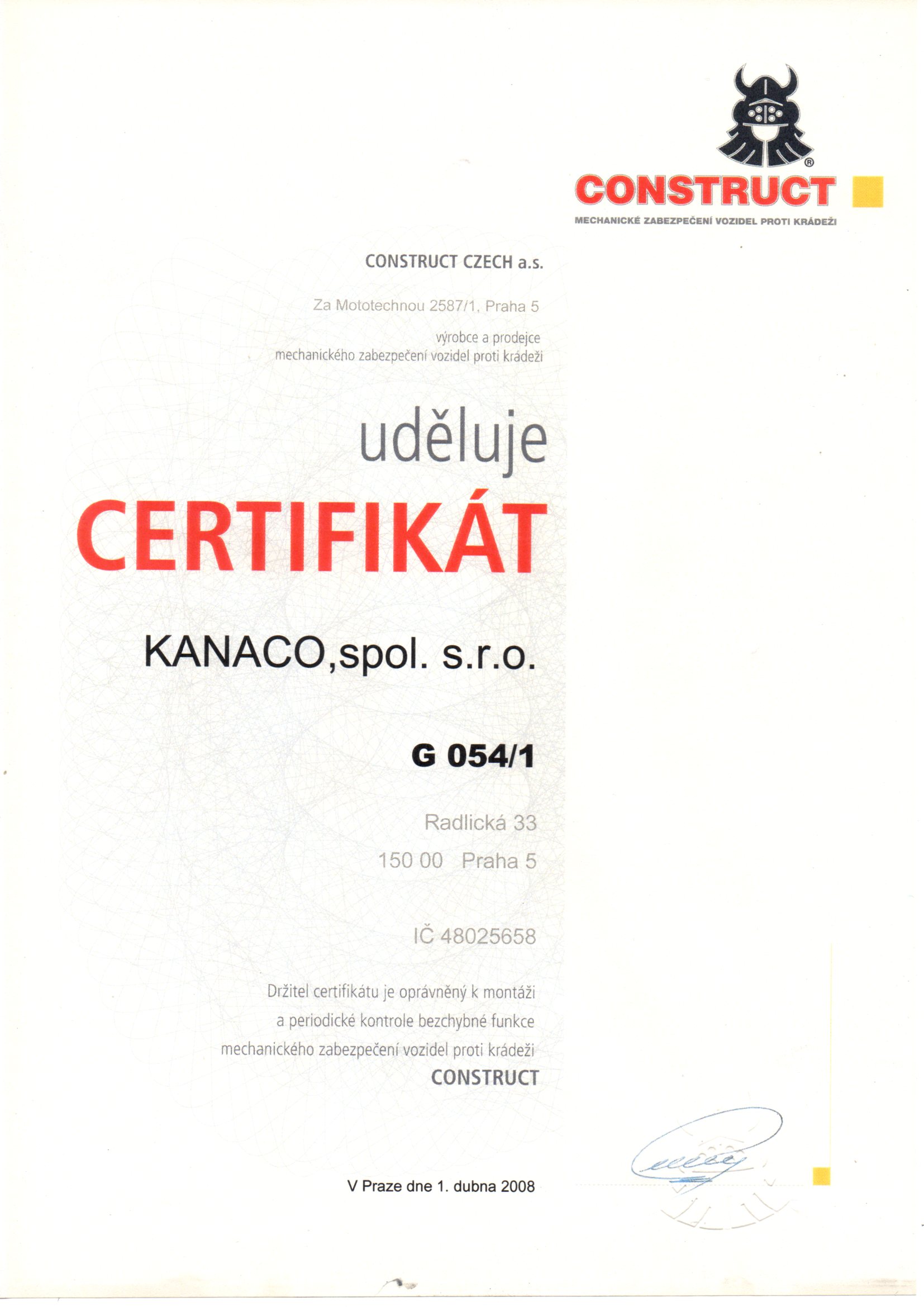 Certifikát Construct montážní dílny Kanaco