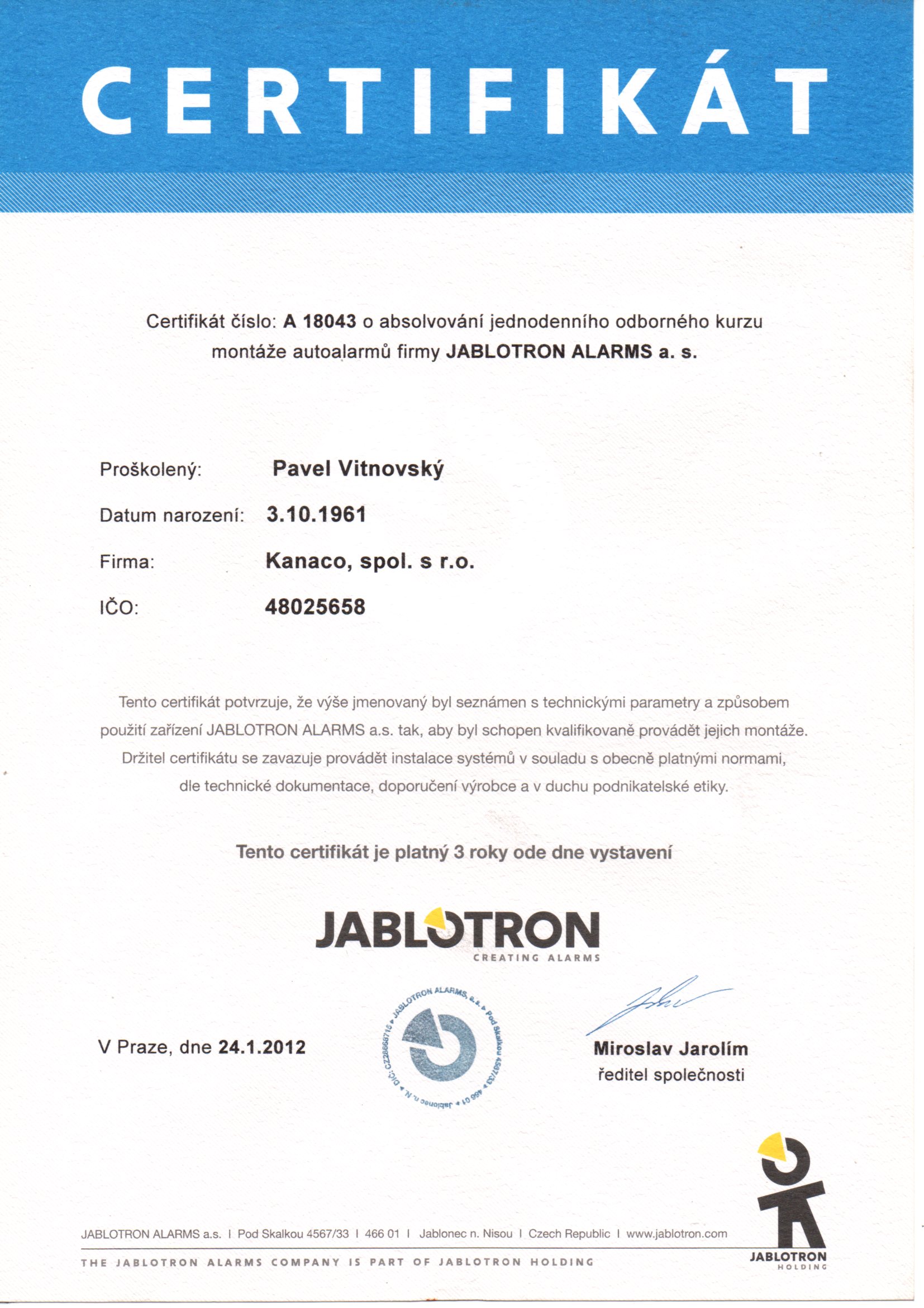 Certifikát Jablotron