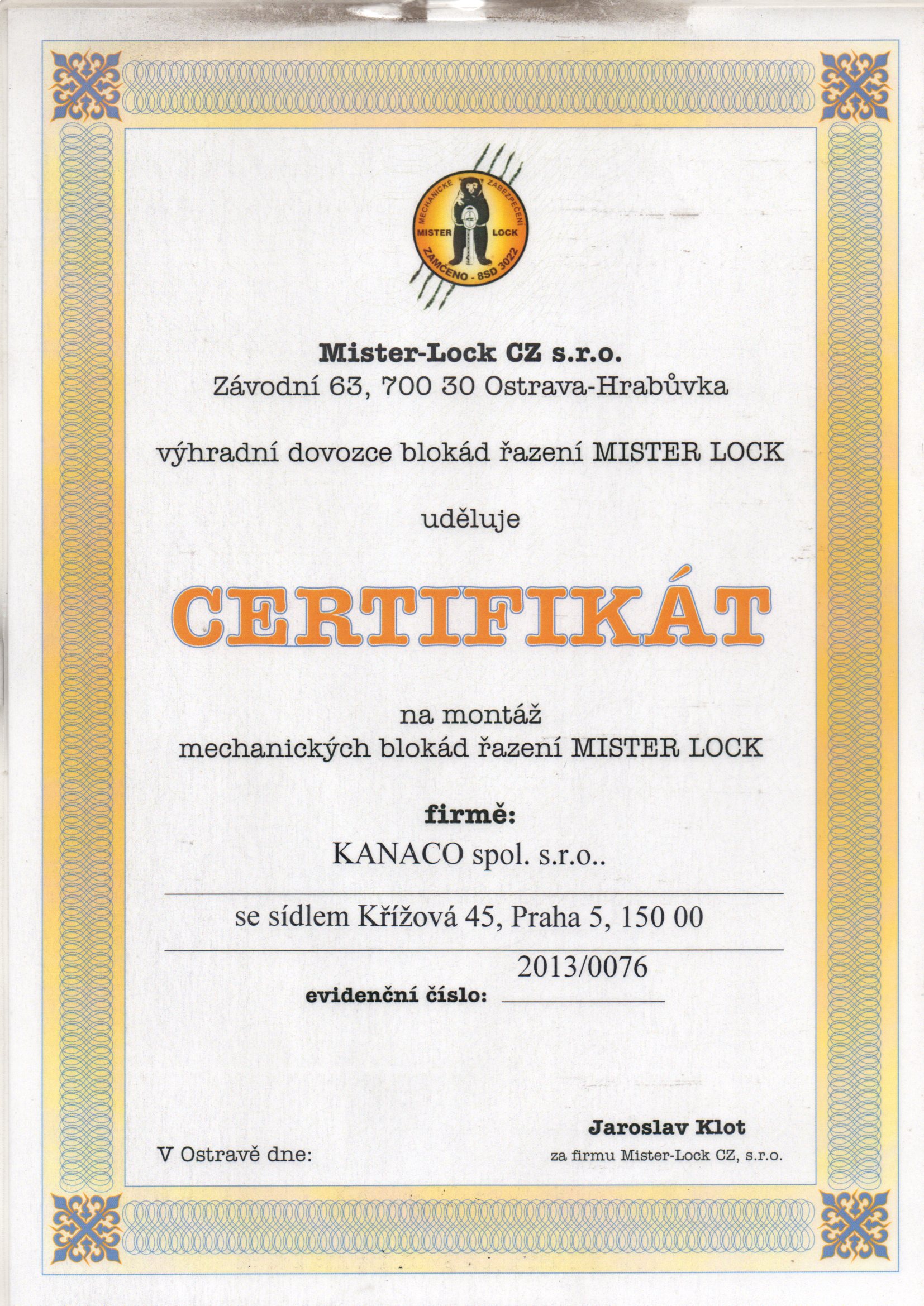 Certifikát Mister Lock montážní dílny Kanaco